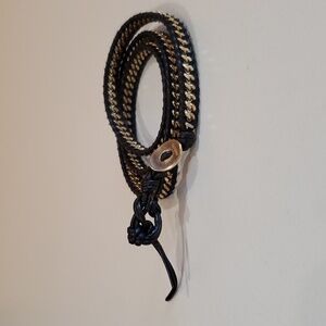 CHAN LUU Long Black Leather With Gold Metallic Links Wrap Bracelet 22"